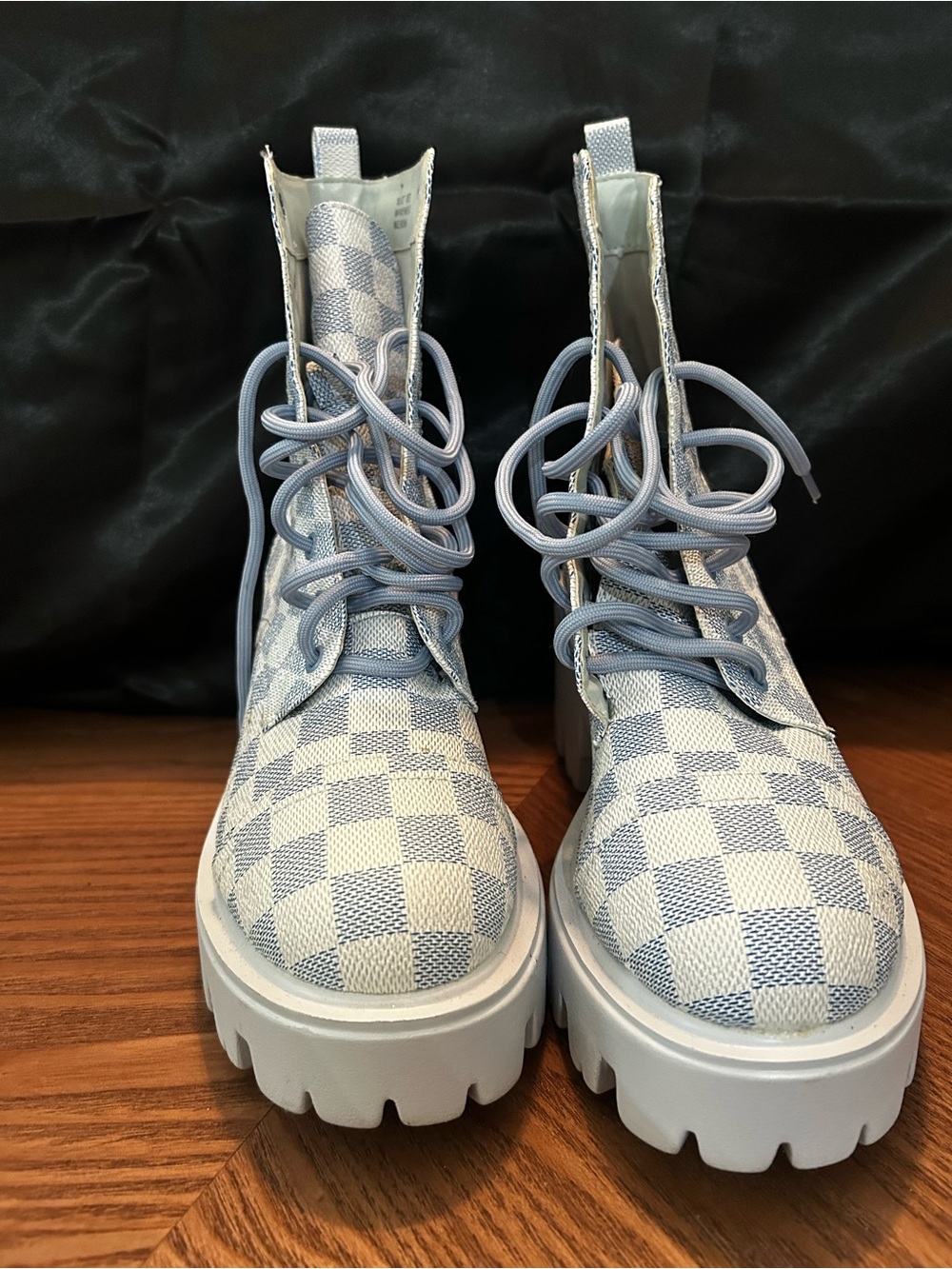 Checkerboard Platform Lace-Up Boots in Light Blue and White